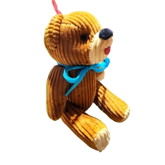 Vintage mini Corduroy bear ornament tan with blue bow moveable - Picture 7 of 13